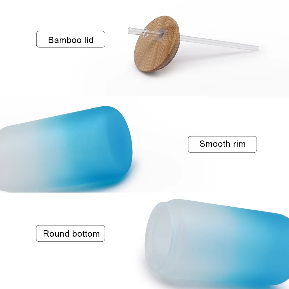 USA Warehouse 16oz Portable Beverage Colorful Coffee Ombre Gradient Frosted Glass Beer Bottles Jar Cup with Bamboo Lid