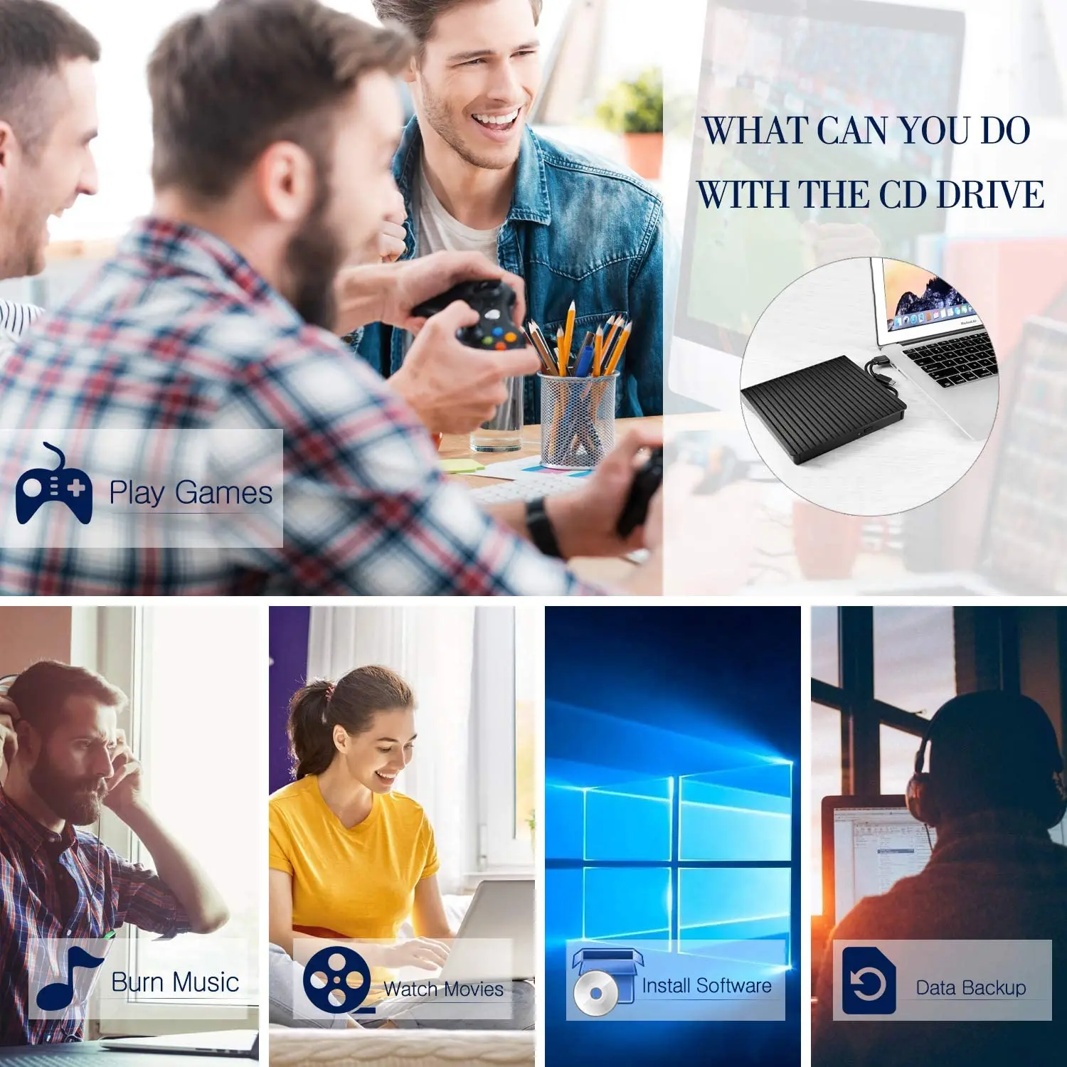 
Raycue USB 3.0 Portable Drive Rewriter Slim External CD DVD Player 