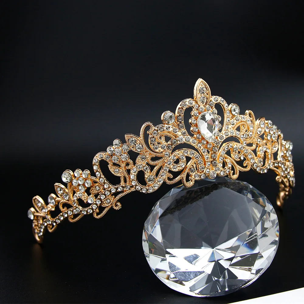 Wholesale Gold Plated Bride Crown Beauty Pageant Princess Crown Diamond Crystals Handmade Hair Tiara Crown For Girls Queens