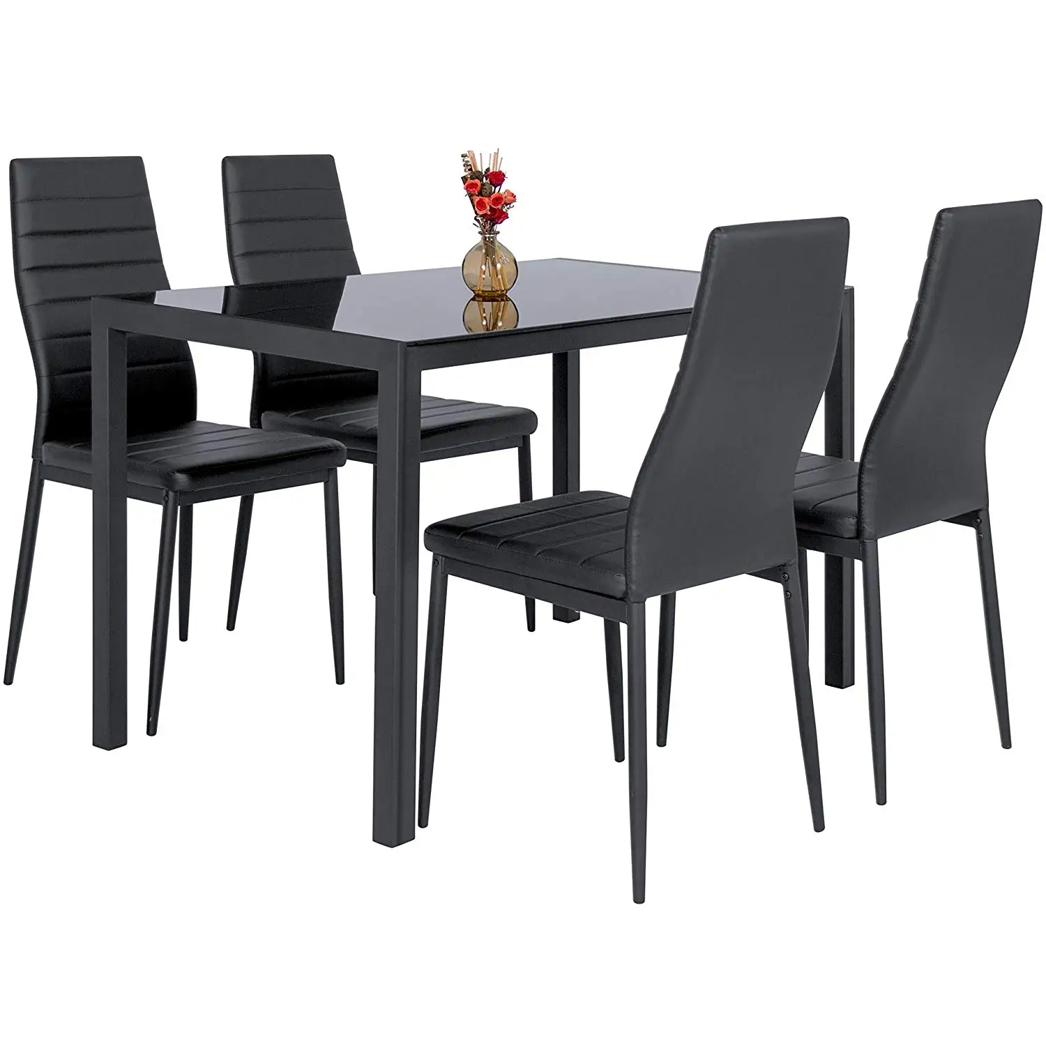 High Quality Living Room Furniture Restaurant Table Sets 6 Pieces Leather PVC Chairs with 1 Tempered Glass Table Dining Table
