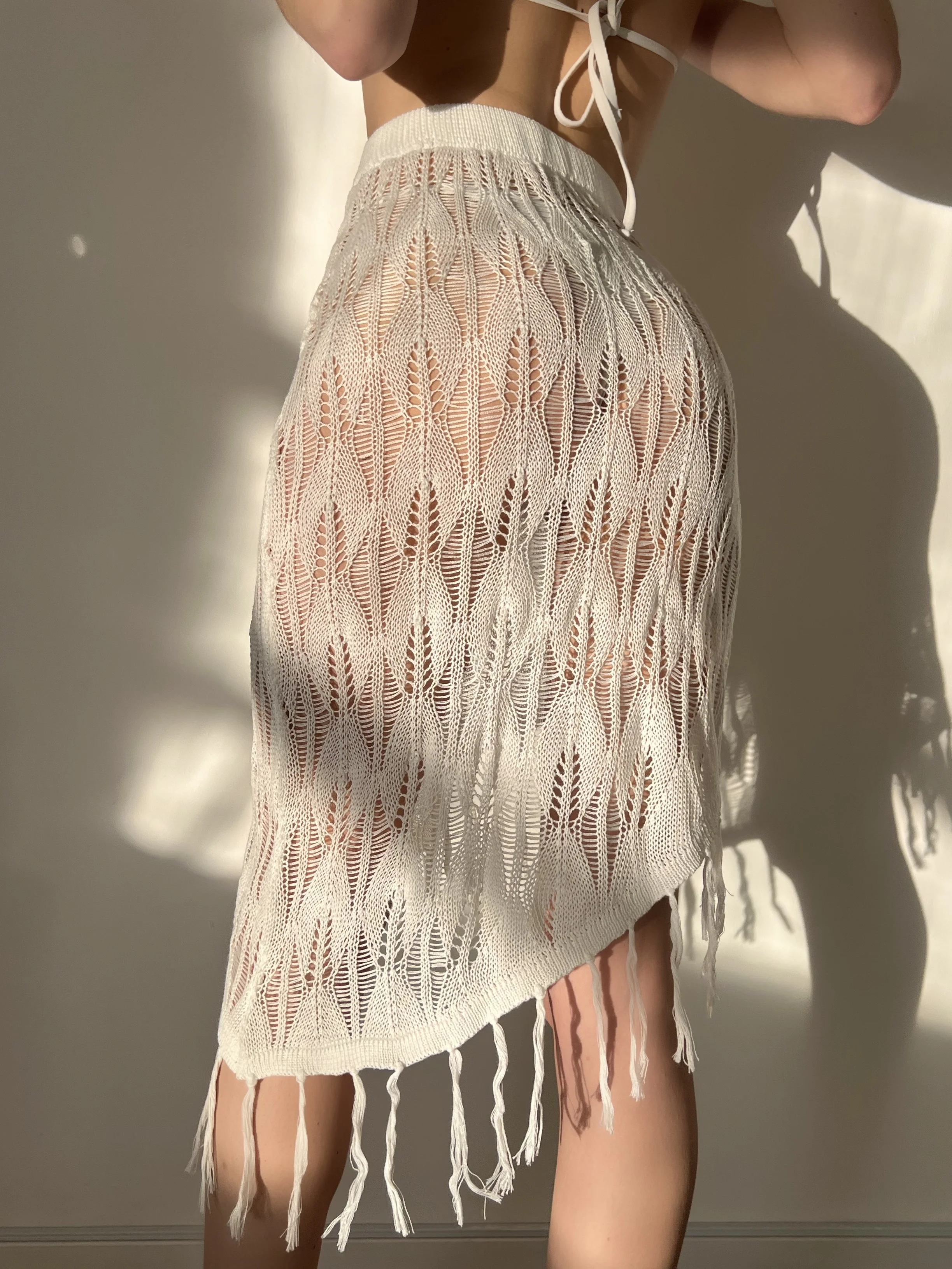 Women Summer Crochet Midi Long Skirt with Tassel Hem Hollow Out Knit Mesh Beach Bikini Swimsuit Cover Up