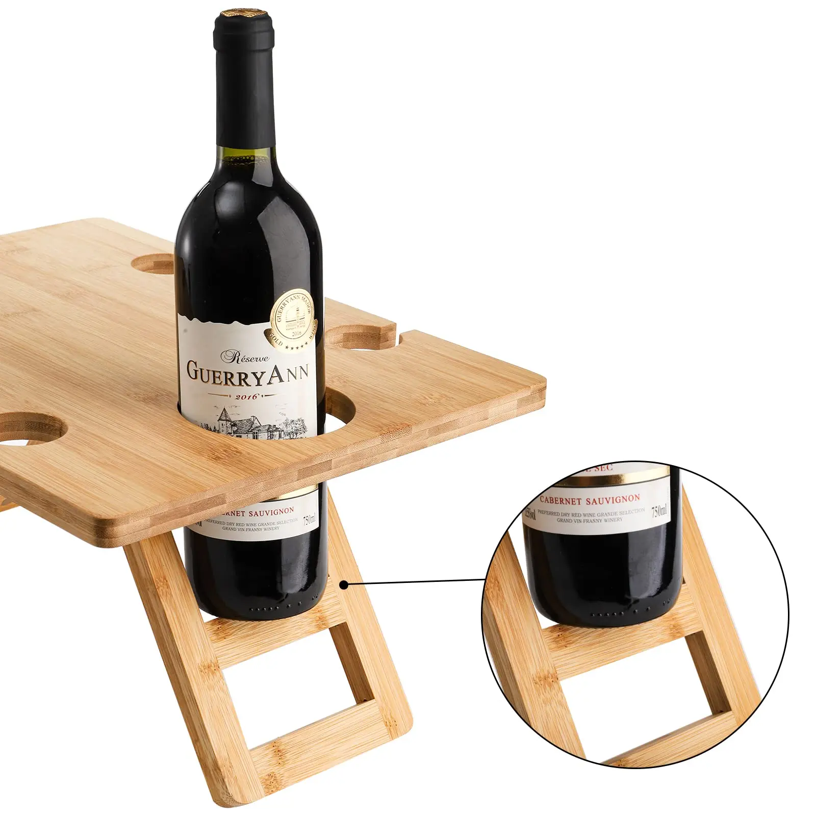 Bamboo Portable Wine Picnic Table with 5 Wine Glasses Holder Foldable Picnic Snack Table Wooden Wine and Snack Table for Picnic