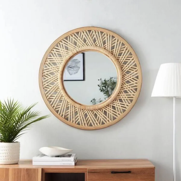 Modern Vintage Style Natural Seagrass round Wall Mirror Factory Direct Hanging Decorations Vietnam Bamboo Rattan Bedroom Decor