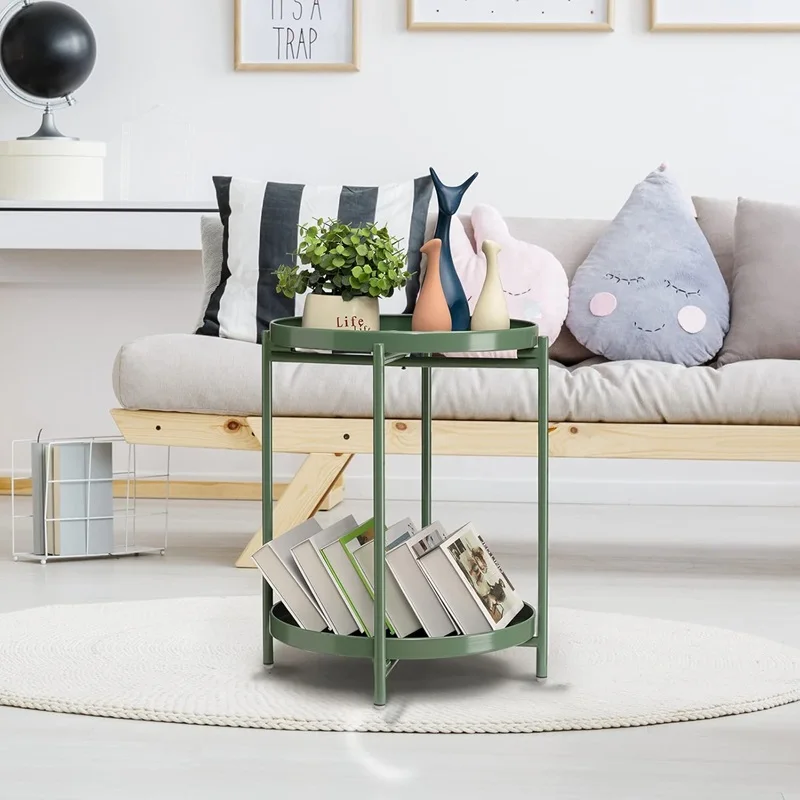 MODERN DESIGN 2 TIER METAL END TABLE WITH REMOVABLE TRAY SMALL END TABLES FOR SMALL SPACES LIVING ROOM