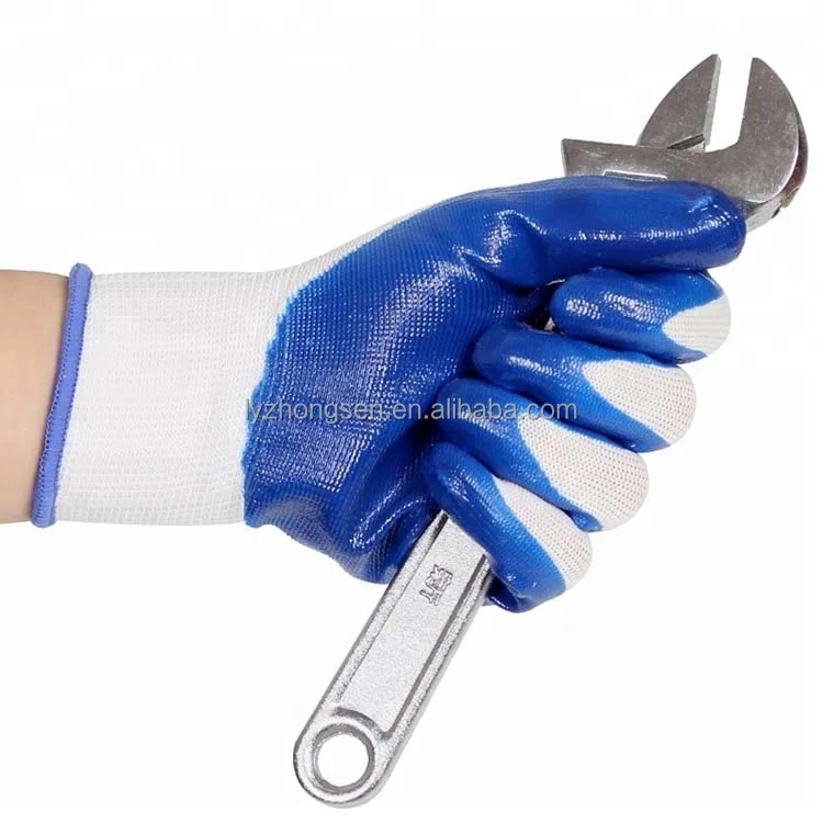 Cheap 13G Blue Polyester Knit Work Nylon Nitrile Coated Gloves