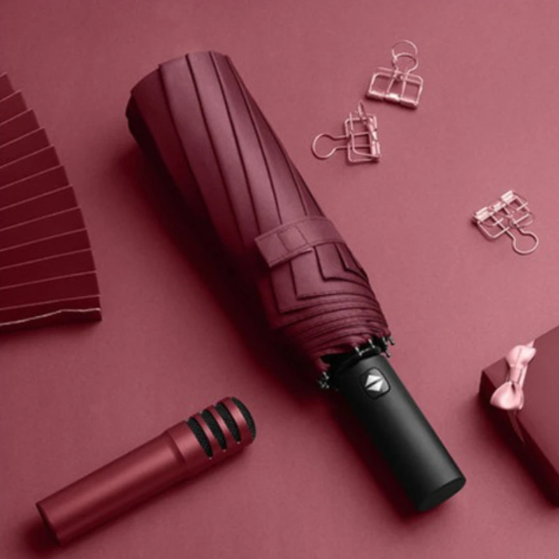 12 Bones Fully-Automatic Windproof Business Rain Umbrella Plastic Handle Fiber Frame for Parties Customizable Logo Printing