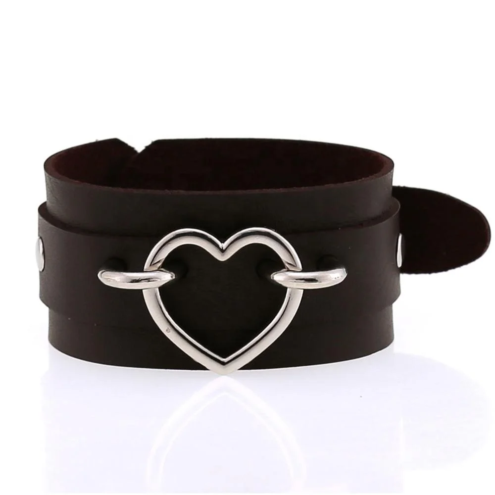Punk Goth Double Layer PU Leather Wrist Bracelet Heart Buckle Anime Sexy Bondage Bangles