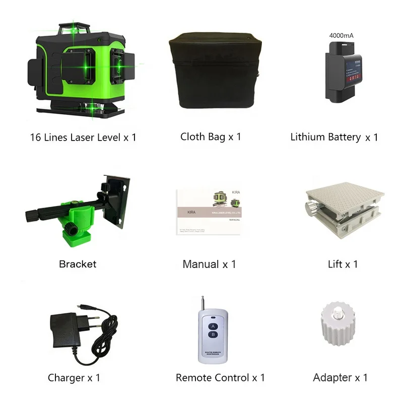 KIRA 4*360 Self Leveling Automatic Rotary Laser Level Green Beam 16 Lines Horizontal Vertical Cross Line Level Laser