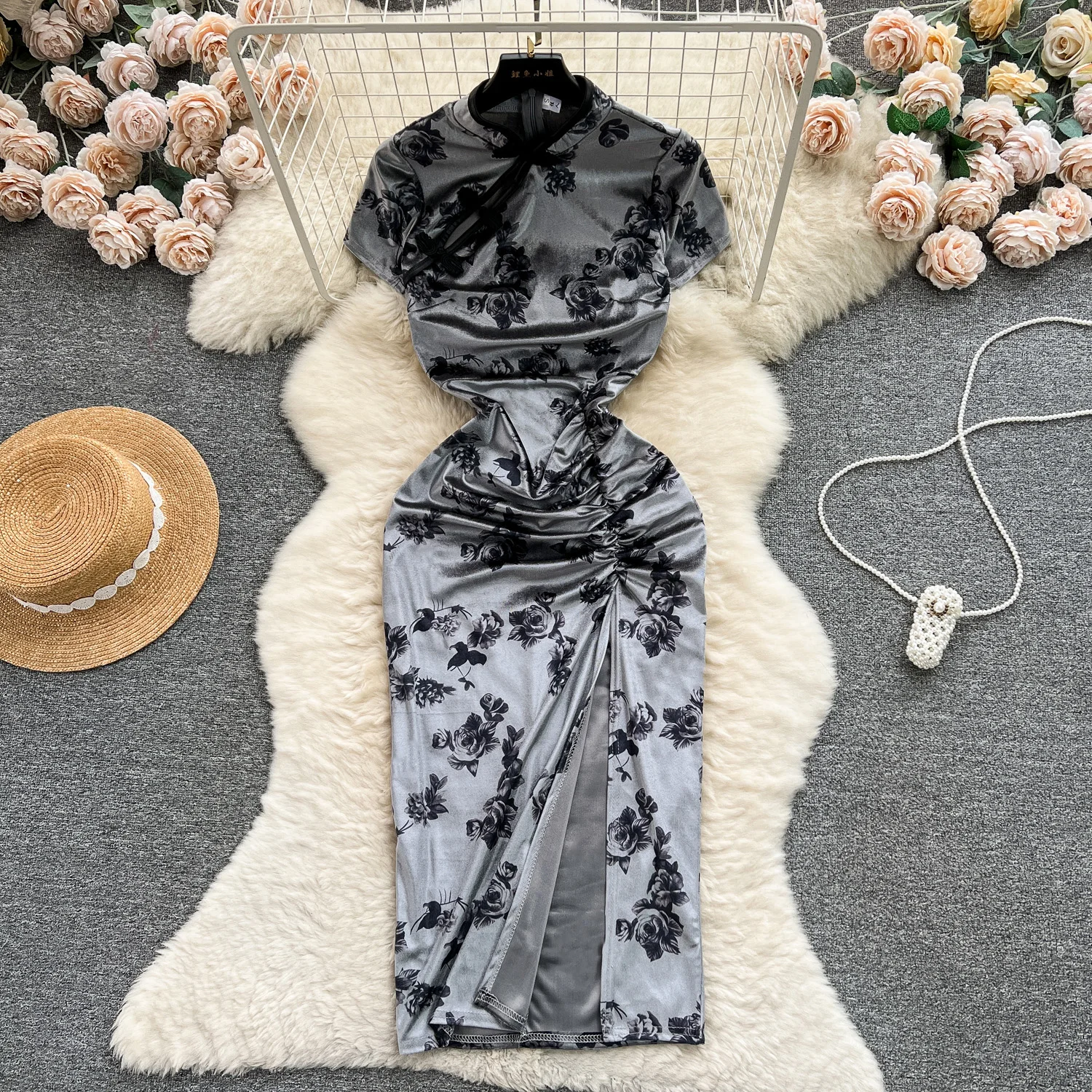 Vintage Mandarin Collar Slit Casual Midi Dress For Women Empire Printed Lace Dress