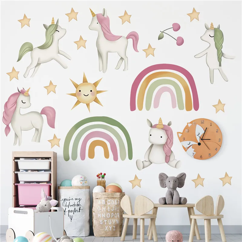 Мультфильм красочный единорог с радугой обои белые облака Наклейка на стену милый домашний декор для детской гостиной спальни наклейки