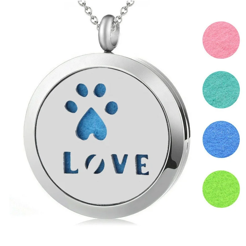 Dr. Jewelry 316L Stainless Steel Medallion Open Dog Paw Perfume Locket Essential Oils Diffuser Necklace For Pet Jewelry
