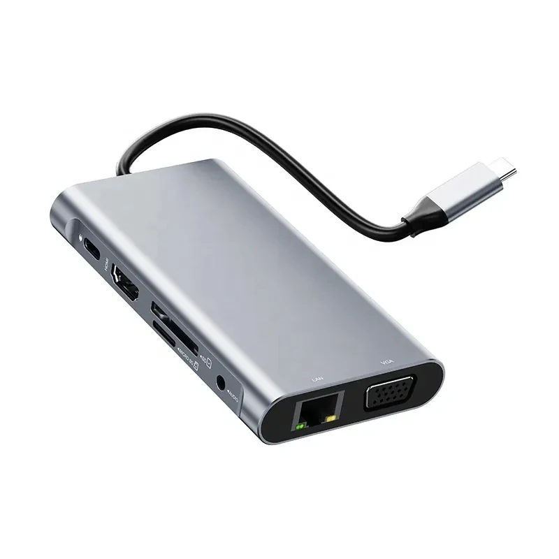 10 in 1 USB C Laptop Hub with HDTV VGA SD TF Card Reader Ethernet RJ45 10/100/1000M USB3.0 USB C Docks for Laptop
