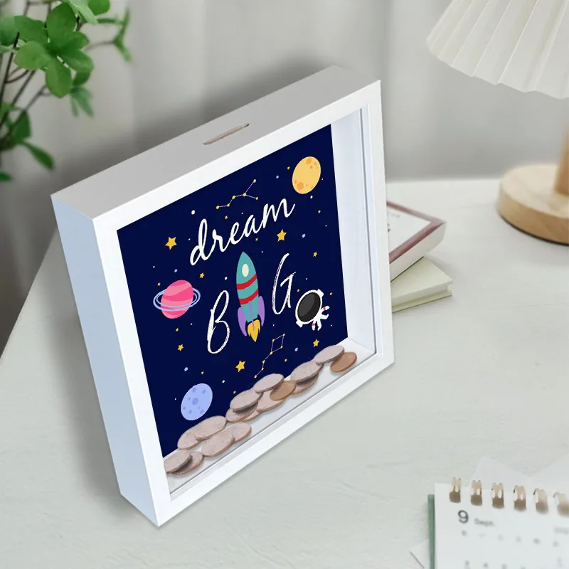 Wholesale Square Wooden Saving Money Box Photo Frame Shadow Box For Kids Gift