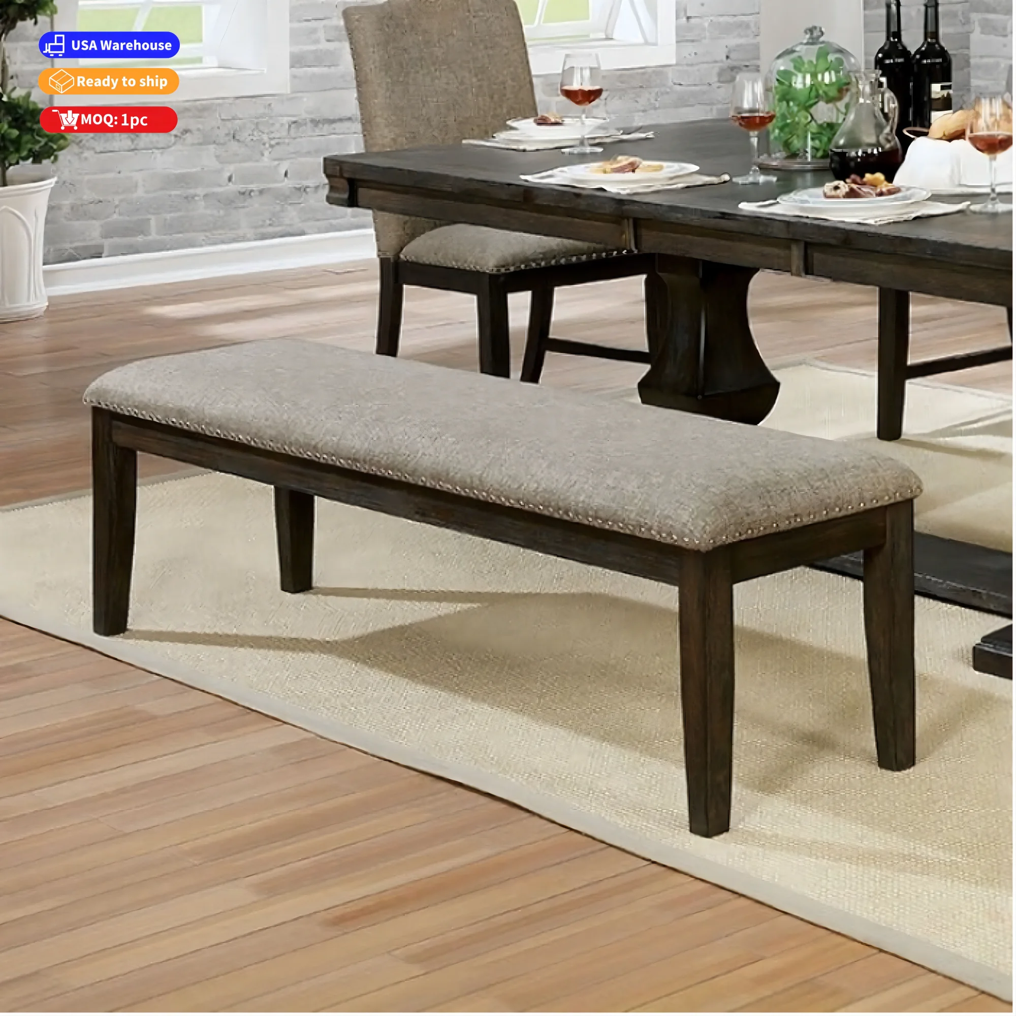 US warehouse in stock Transitional Solid Wood dining bench seat with fabric upholstered seat along with nailheads for home use