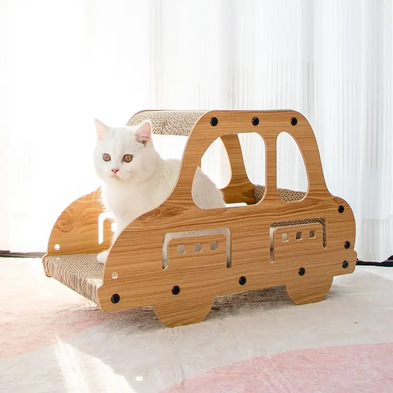 Leyou Pet Wear-resisting Standing Double-deck Wooden Car Cat House Corrugated Toys Cat Scratchers