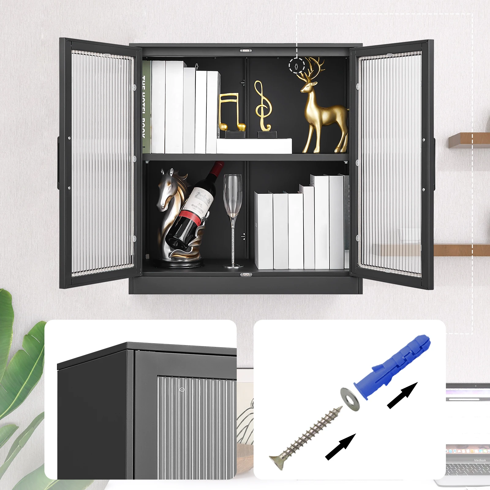 Metal Wall Cabinet Doors Wall Mounted Display Cabinet Shelf with Reeded Glass Steel Cabinet for Home Office Foldable Modern