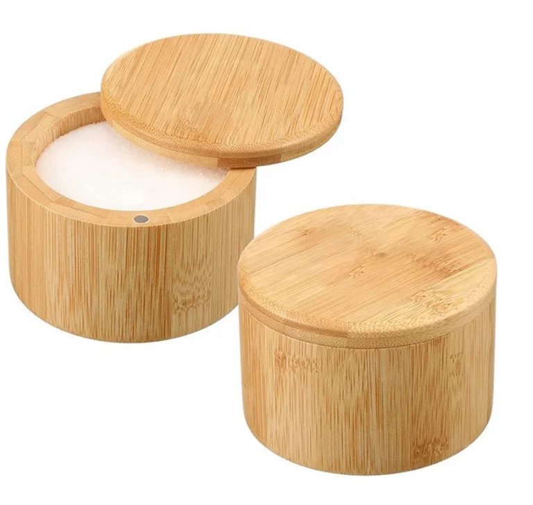 Wooden Custom Logo Round Spices Storage Container Spice Jar Organic Bamboo Salt Box With Magnet Swivel Lid