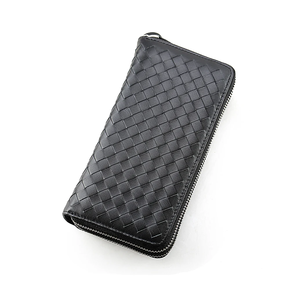 Fashion Design Leather Wallet Manufacture Weave Leather Wrist Bag Long Purse Wallet Braided Leather Long Clutch Bag