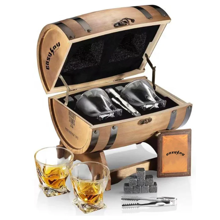 Top Seller wood wooden Whiskey Whisky Half Barrels Barrel Stones Gift Set Chilling Ice Stone Cubes With Glasses Cups Coaster