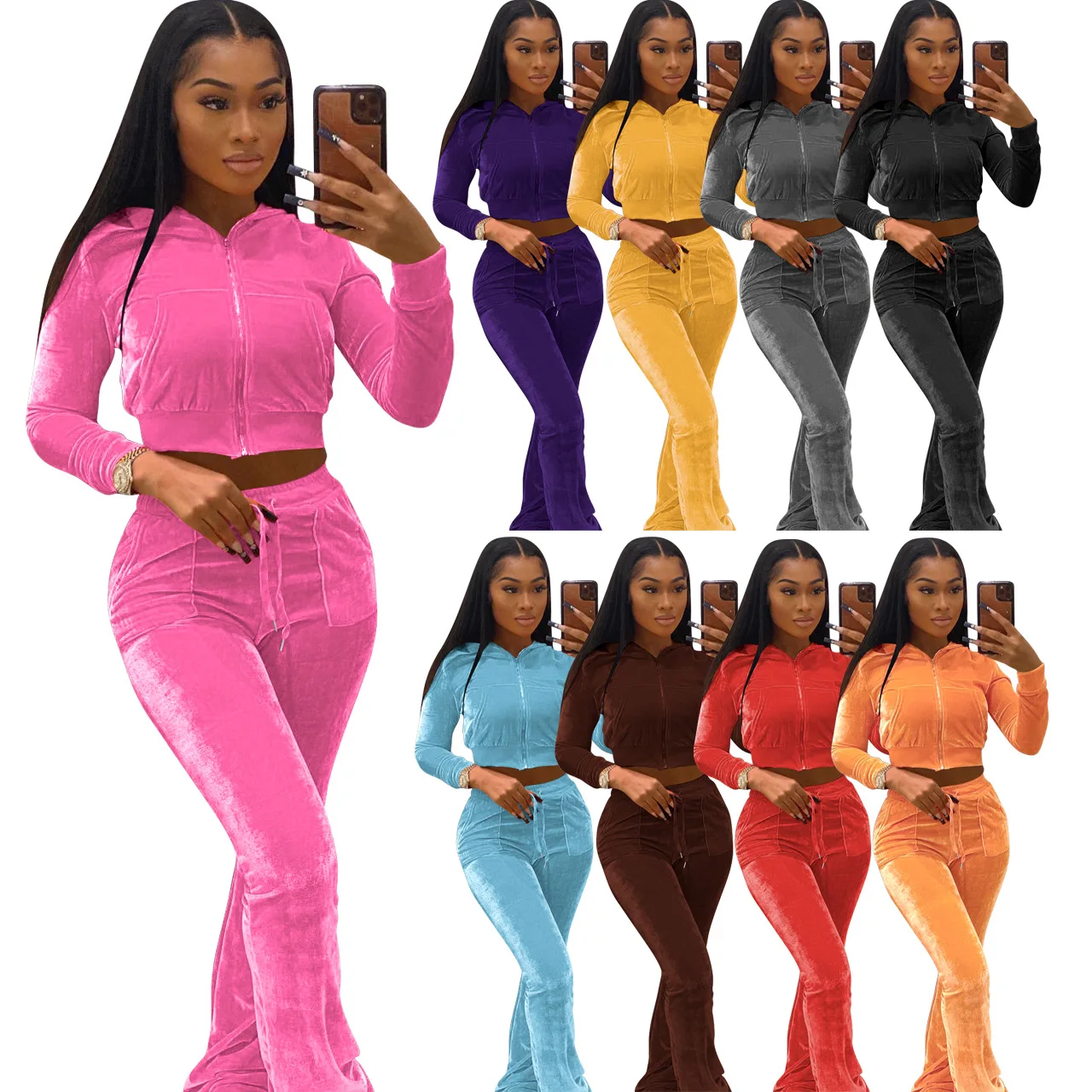 Custom Fashion Women Cropped Zipper Hoodie Velvet Velour Tracksuits Two Piece Casual Sweatsuit Women Clothing Velvet 2 Piece Set