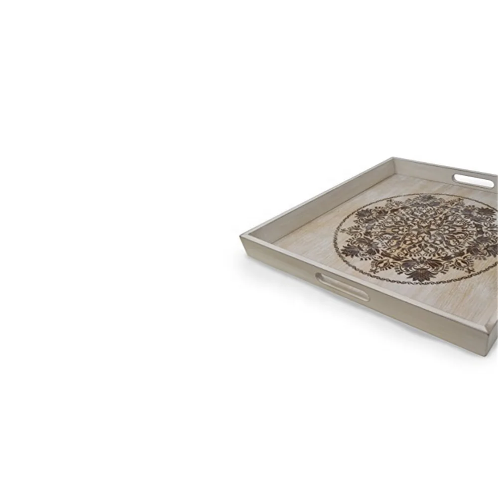 Decorative Wooden Serving Tray With Engraved Art For Carrying Drinks Letters Mail coffee tables side tables square wooden tray