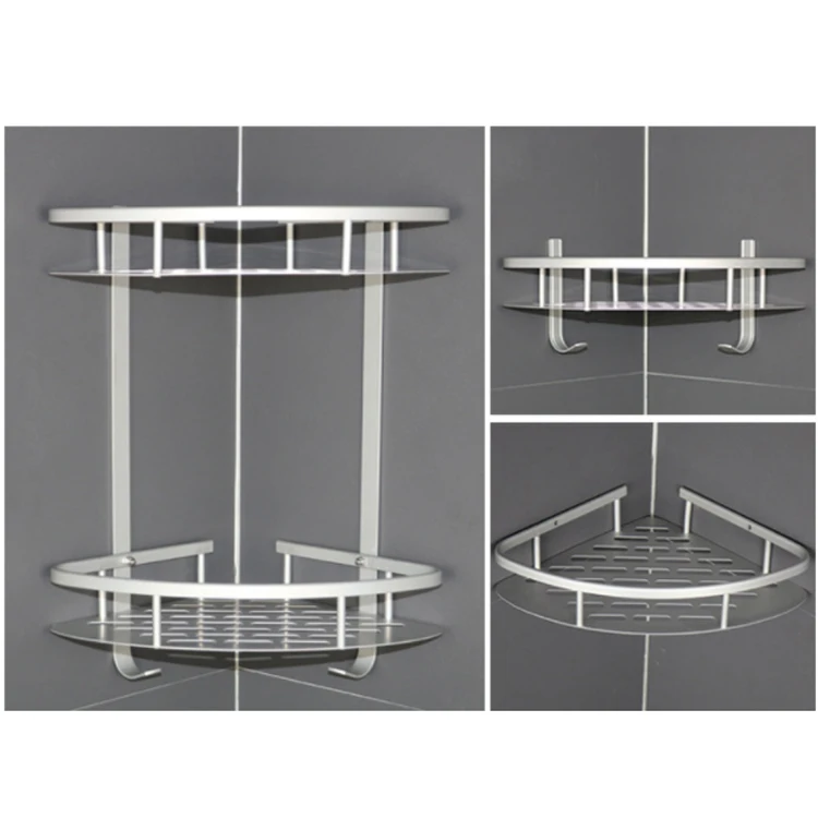 Cheap no drilling wall mounted aluminum shampoo holder bathroom corner 2 tier shelf shower caddy triangle organizer rack