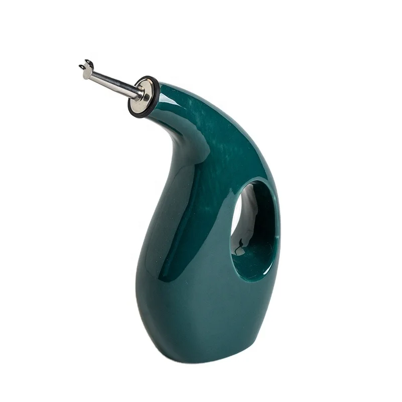 Green ceramic olive oil dispenser bottle,opaque oil cruet with stainless spout,modern design vinegar soy sauce jar with handle