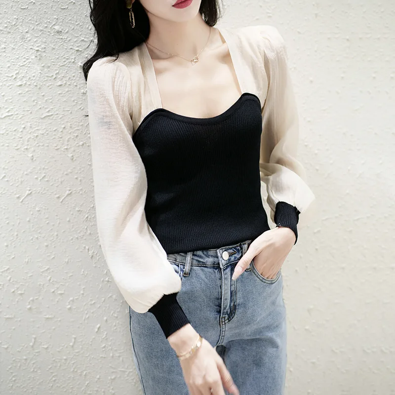 Autumn 2021 Thin French Short Style Design Sense Square Collar Stitching Knitwear Feminine Color Long Sleeve Top Blouse