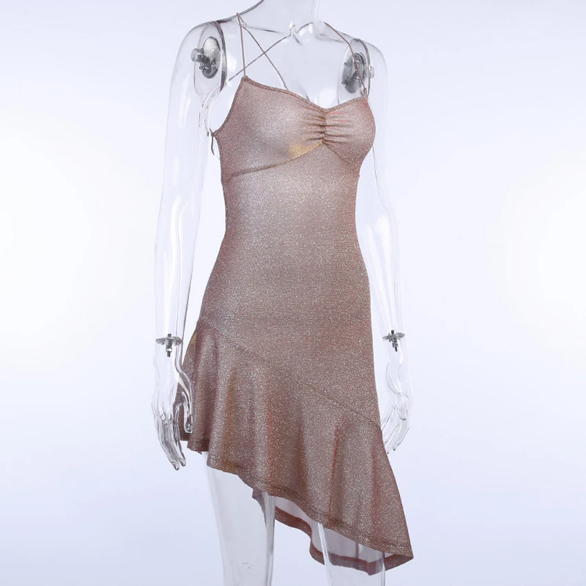 
Bright silk sling halter strap dress women 2020 spring temperament colorful lace oblique hem evening dress 