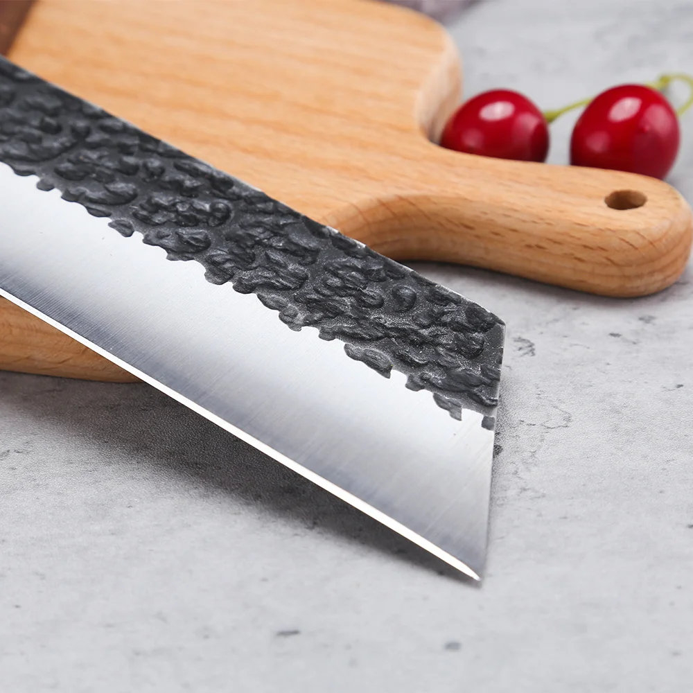 
Factory OEM 7 Inch 5.5mm Thick Full Tang Hammer Finished Red Sandal Wood Handle Stainless Steel Kitchen Chef Knife Meat Hammered 