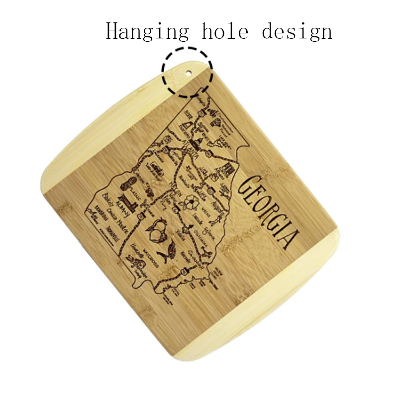 A bamboo cutting board with a laser pattern on a Georgia city