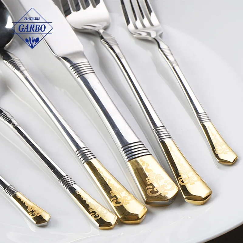 Modern food grade dishwasher safe tableware 201 stainless steel mirror laser gold plated cutlery flatware sets