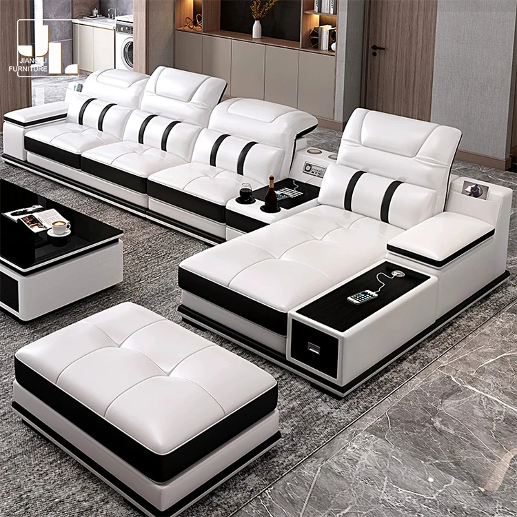Luxury L Shape White Leather Sofa Modern Design Multifunctional Hotel Living Room 7 Seater Corner Sofa Furniture Set