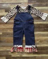 fashion boutique denim long overalls lace leopard long sleeve set outfit kids children clothes