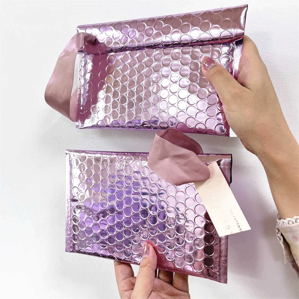 Custom Made Jewelry Packaging Bag Small Gift Jewelry Pouch Rose Gold Pink Envelope Poly Bubble Mailer Bags Metallic Shipping Bag