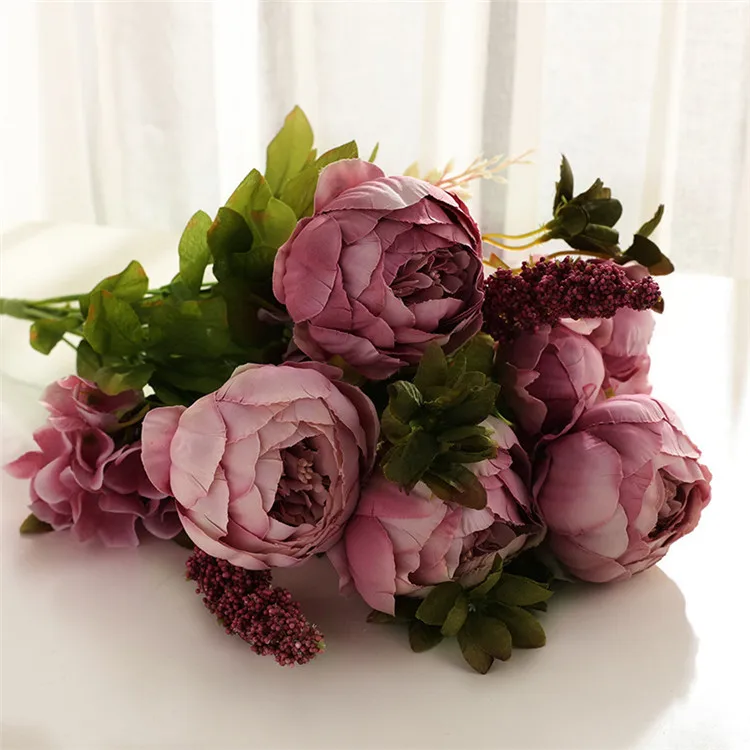 Wholesale European Simulation Peony Bouquet 13 Heads Silk Peonies Artificial Flower Wedding Home Decor