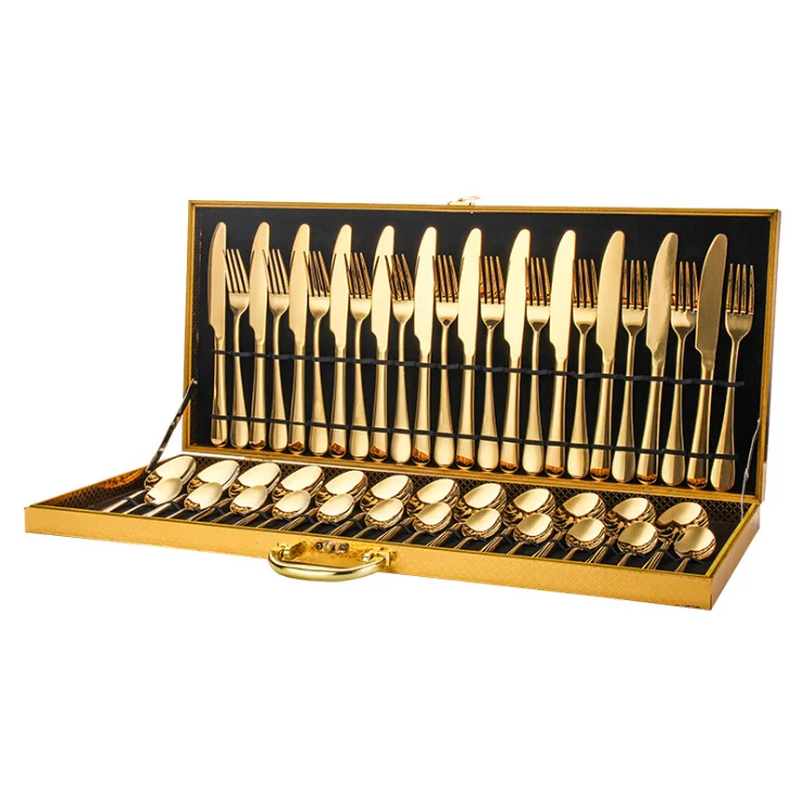 Hot sale amazon 48pcs Shiny gold plated stainless steel cutlery set with wooden case