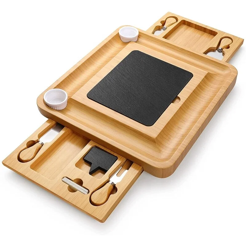 Wholesale Rotary Rectangular Charcuterie Board Slate Cheese Cutting Board with Drawers Custom Bamboo Cheese Board