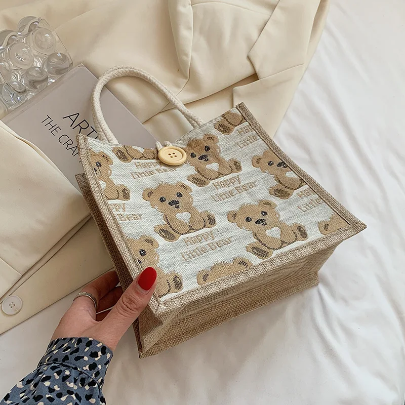 2024 Fashion handbags sudents shoulder bags outdoor shopping bags women bear linen tote bags