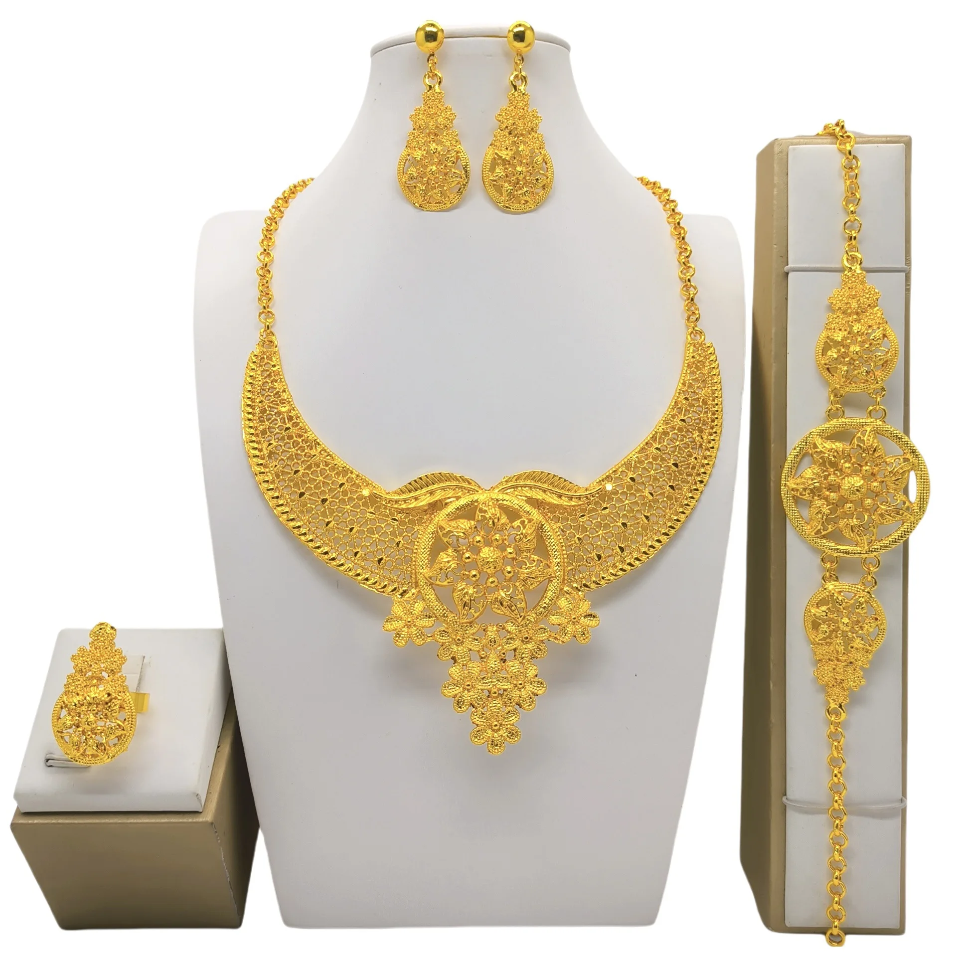 24K Gold Plated Jewelry Set Dubai Women Necklace Bracelet Earrings Ring Middle East Wedding Fashion Jewelry Sets