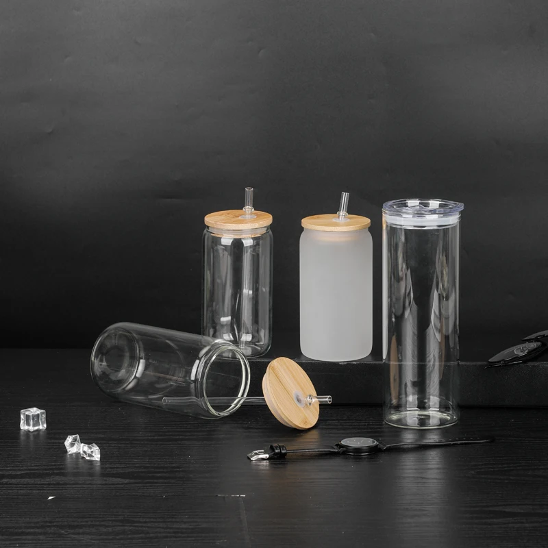 USA Warehouse 12 oz 16 oz 25 oz Sublimation beer soda  Glass Cup With bamboo lid straw