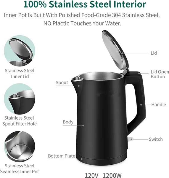 High Quality 1.7L Tea Kettle ElectricFactory Stainless Steel Water Kettle For Home Kitchen Appliances