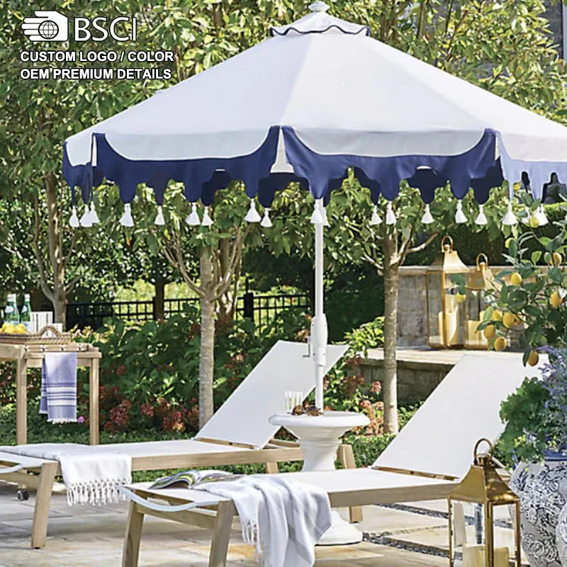 Outdoor 10ft Large Aluminum Pole Polyester Patio Parasols Fringed Garden Pool Portch Market Umbrellas for Restaurant Hotel Shop