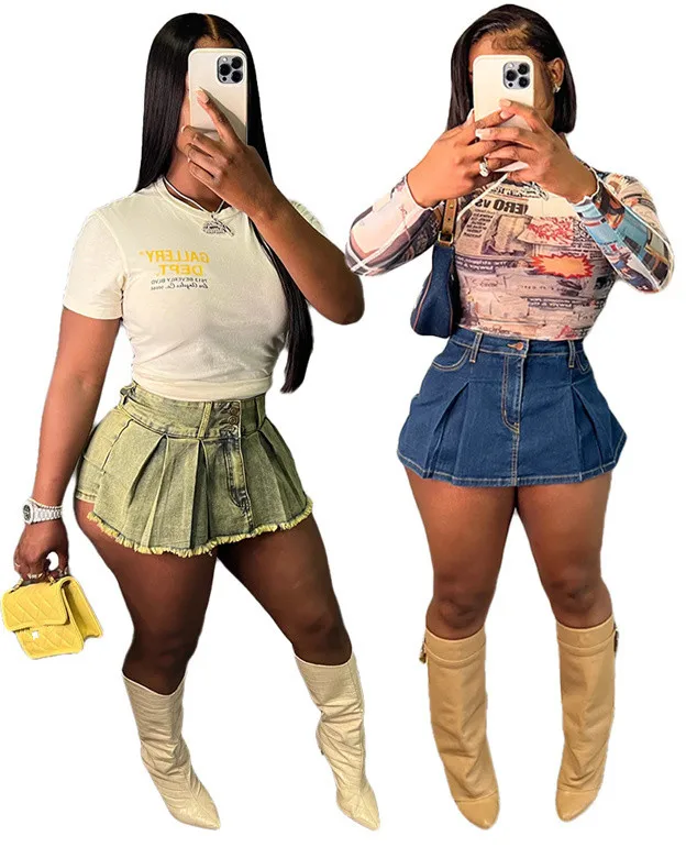 New Arrival Stretch Ruffle Washed Jean Wrap Skort Ladies Street Style Cotton Jeans Shorts Pleated Denim Mini Skirt For Women