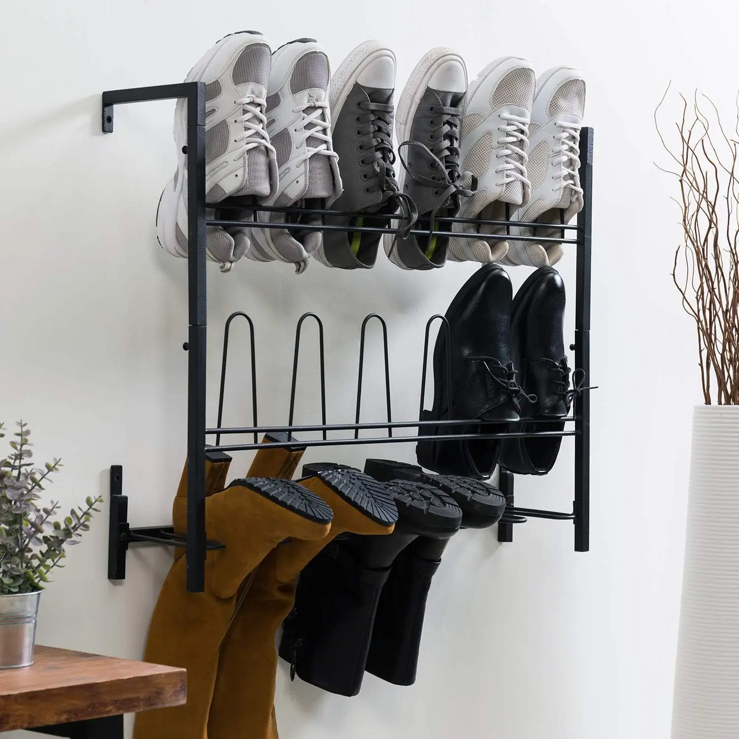 Wholesale New Design Black Metal Hanging Wall Mounted Shoe Rack Space Saving Boot and Shoe Rack Organizer Holds 9 Pairs