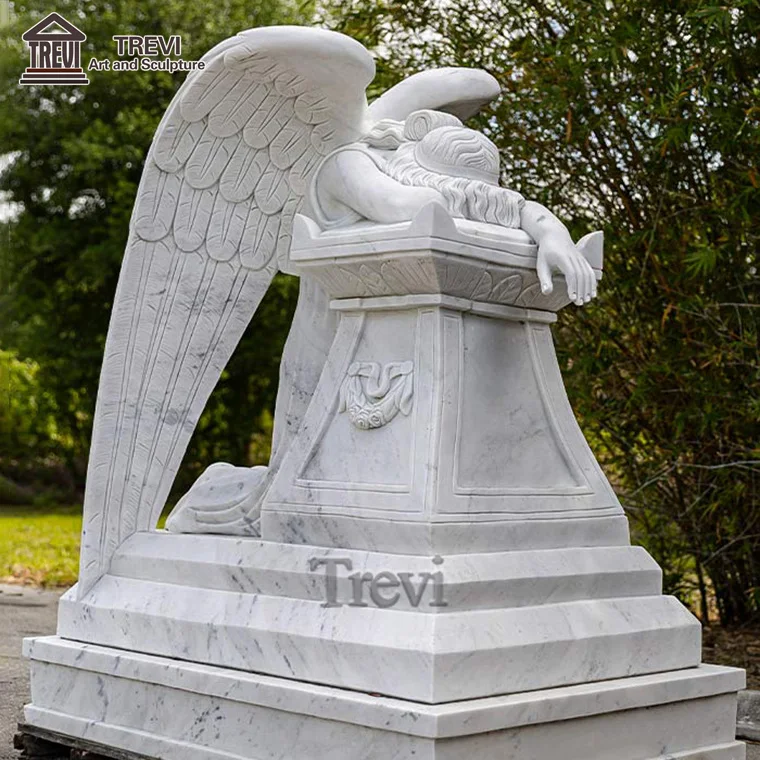 Life Size Memorial Cemetery White Marble Weeping Angel Garden Statue Tombstone Headstone