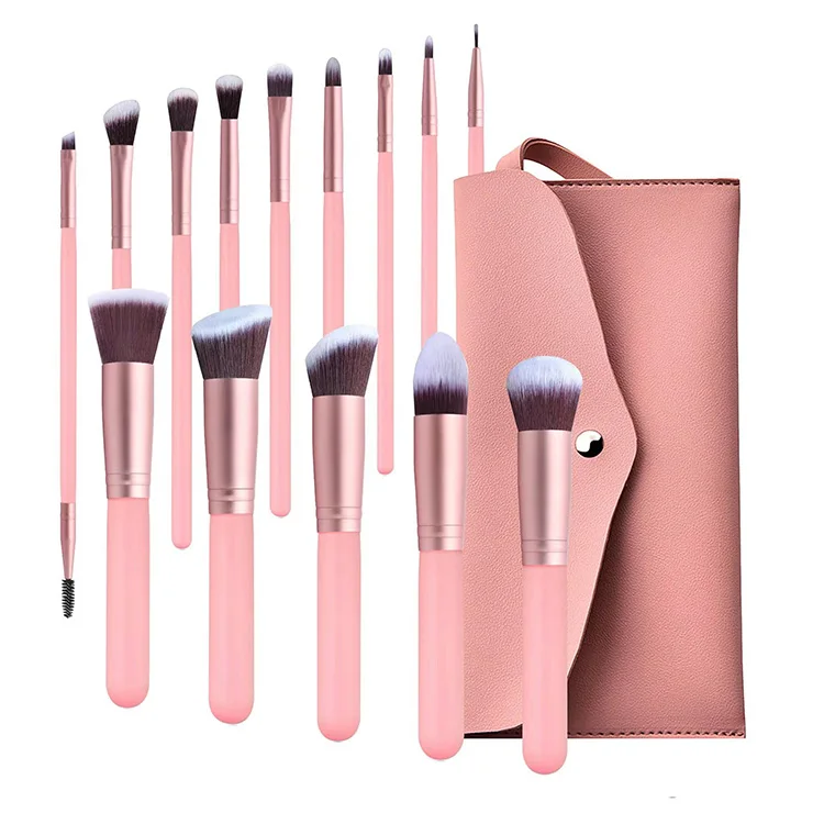 Wholesale Custom Label 14pcs Synthetic Nylon Hair Make Up brushes Foundation Face Powder Blush Concealer Eye Shadow Makeup Brush