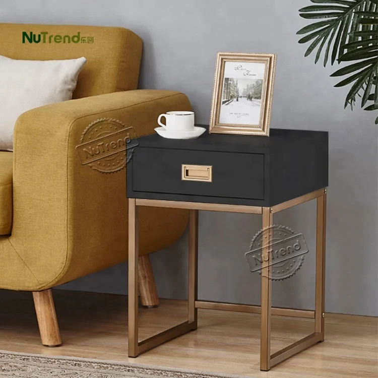 Nordic White and Gold Metal Frame Modern Bed Side Table  Bedroom Wooden Nightstand Living Room Sofa End Table