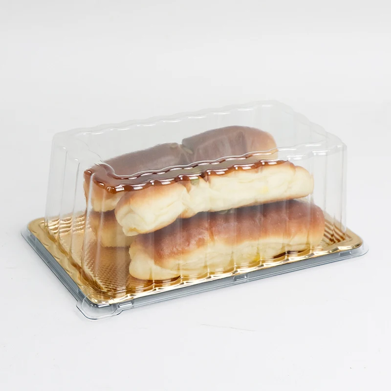 Rectangular Gold Tray Plastic Cake Roll Container Bakery Plastic Containers With Dome Lid