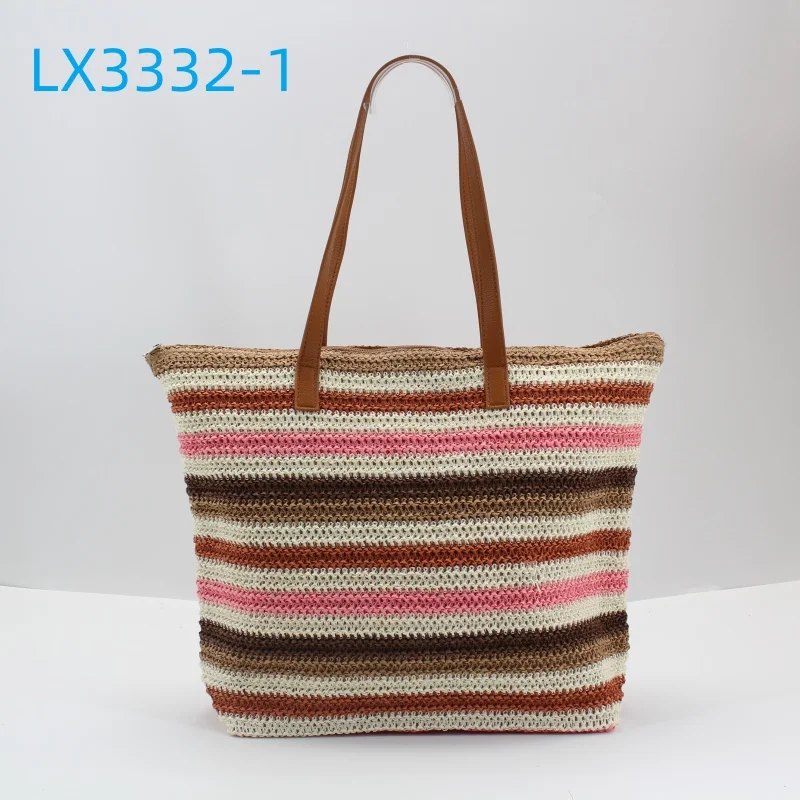 Lady Style Seaside Strip Pattern Paper Beach Bags Girls Tote Shopping Bag with Zipper Closure Two Polyester Lining Handles